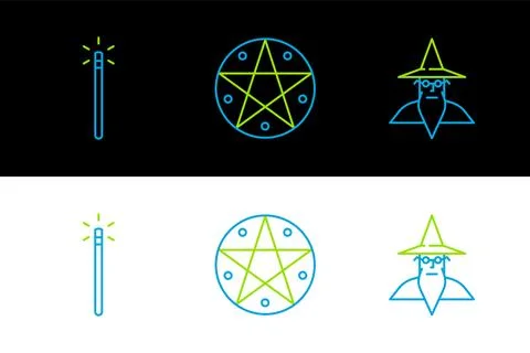Set line Wizard warlock, Magic wand and Pentagram in circle icon. Vector Stock Illustration