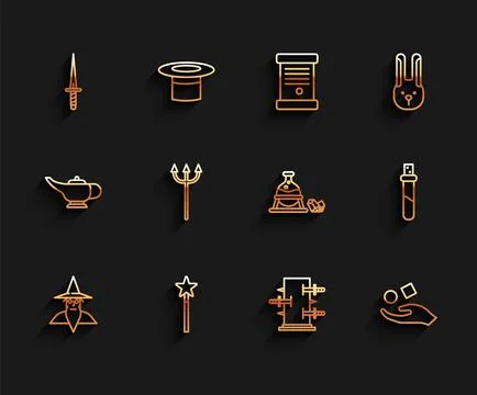 Set line Wizard warlock, Magic wand, Dagger, Trunk for magic tricks, Cube l.. Illustrazione stock