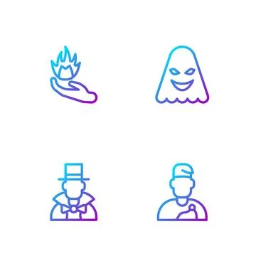 Set line Wizard warlock, Magician, Hand holding fire and Ghost. Gradient color Stock Illustration