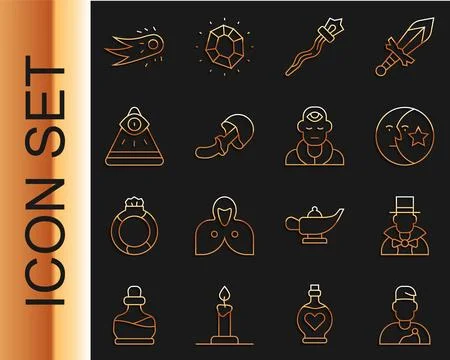 Set line Wizard warlock, Magician, Moon and stars, staff, Psilocybin mushro.. Stock Illustration