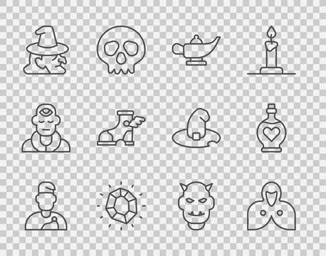 Set line Wizard warlock, Mantle, cloak, cape, Magic lamp or Aladdin, stone,.. Stock Illustration