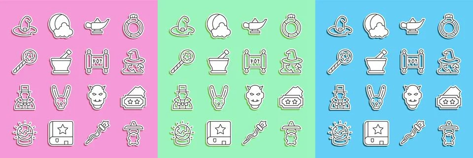 Set line Wizard warlock, Ticket, Witch, Magic lamp or Aladdin, Mortar and p.. Stock Illustration