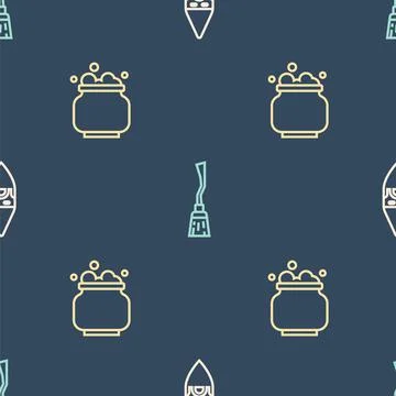 Set line Wizard warlock, Witch cauldron and Witches broom on seamless pattern Illustrazione stock