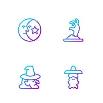 Set line Wizard warlock, Witch, Moon and stars and Zombie hand. Gradient co.. Stock Illustration