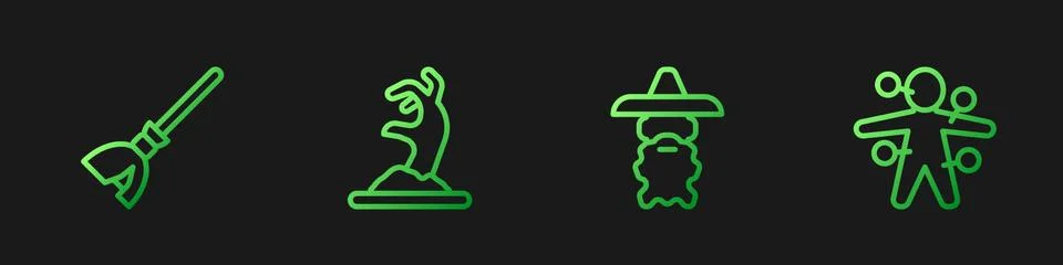 Set line Wizard warlock, Witches broom, Zombie hand and Voodoo doll. Gradient Stock Illustration