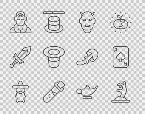 Set line Wizard warlock, Zombie hand, Mask of the devil with horns, Bottle Stock Illustration