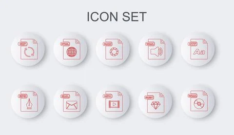 Set line WMA file document, EPS, RAW, RUBY, GIF, HTML, EML and MP4 icon. Vector 스톡 일러스트