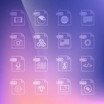 Set line WMA file document, HTML, RAW, 3DS, MP4 and PDF icon. Vector Stock-Illustration