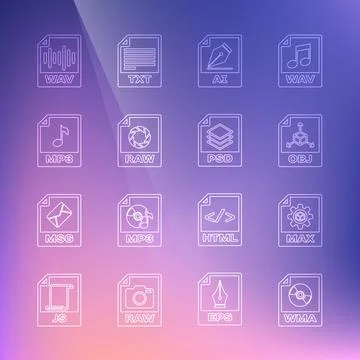 Set line WMA file document, MAX, OBJ, AI, RAW, MP3, WAV and PSD icon. Vector 库存插图