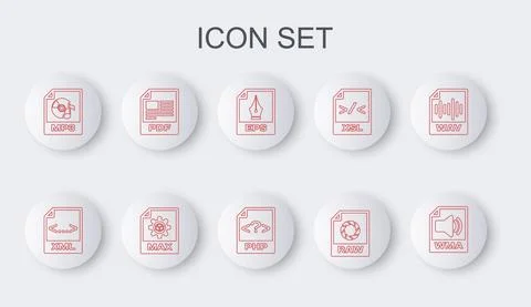 Set line WMA file document, XML, EPS, RAW, MP3, PDF, MAX and PHP icon. Vector Stock Illustration
