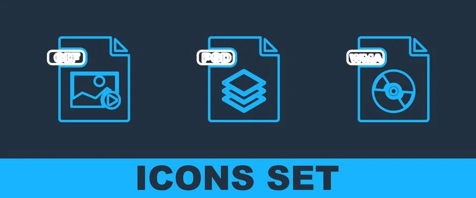 Set line WMA file document, GIF and PSD icon. Vector Illustrazione stock