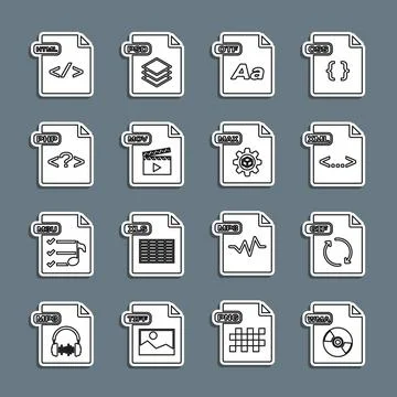 Set line WMA file document, GIF, XML, OTF, MOV, PHP, HTML and MAX icon. Vector イラスト素材