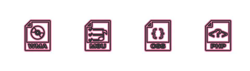 Set line WMA file document, CSS, M3U and PHP icon. Vector Stock-Illustration
