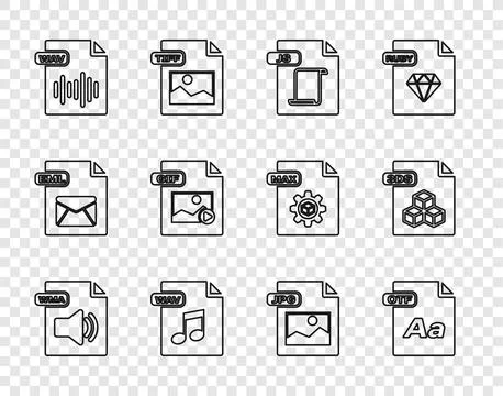 Set line WMA file document, OTF, JS, WAV, GIF, JPG and 3DS icon. Vector Stock Illustration