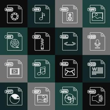 Set line WMA file document, DOC, OGG, WAV, ZIP, AVI, RAW and XML icon. Vector 库存插图