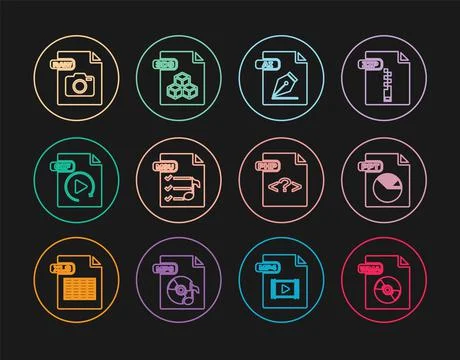 Set line WMA file document, PPT, AI, M3U, GIF, RAW, PHP and 3DS icon. Vector 스톡 일러스트