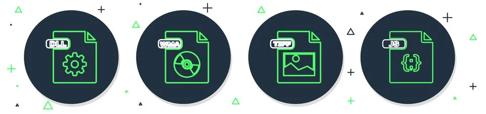 Set line WMA file document, TIFF, DLL and JS icon. Vector Stock Illustration
