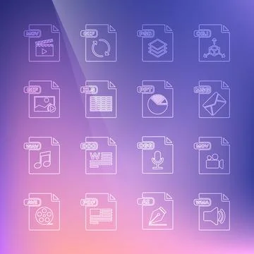 Set line WMA file document, MOV, MSG, PSD, XLS, GIF, and PPT icon. Vector 스톡 일러스트