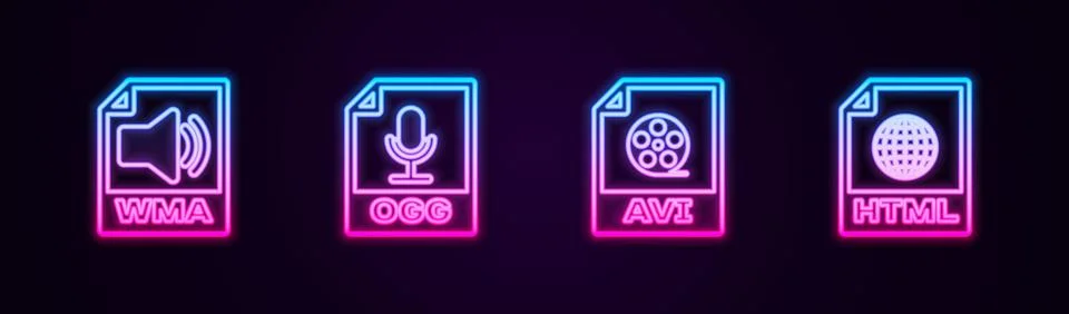 Set line WMA file document, OGG, AVI and HTML. Glowing neon icon. Vector イラスト素材