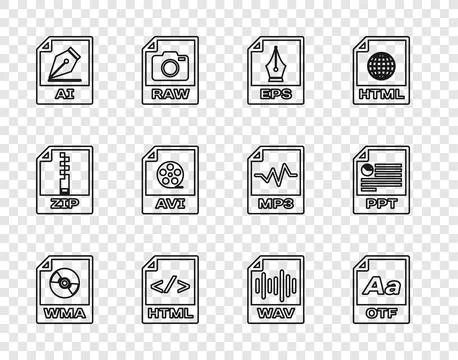 Set line WMA file document, OTF, EPS, HTML, AI, AVI, WAV and PPT icon. Vector Illustrazione stock