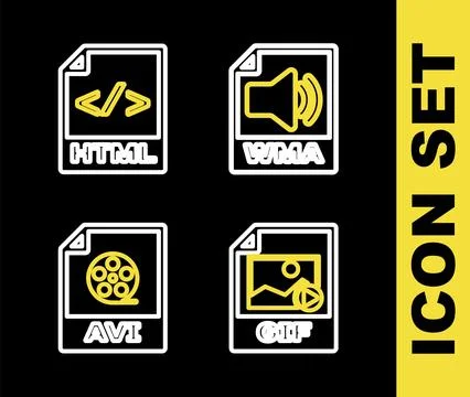 Set line WMA file document, GIF, AVI and HTML icon. Vector Stock Illustration