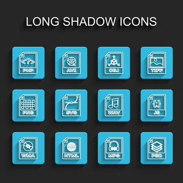 Set line WMA file document, HTML, PHP, MP3, PSD, SVG, JS and WAV icon. Vector 스톡 일러스트