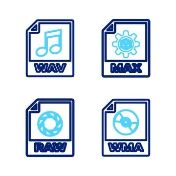 Set line WMA file document, RAW, MAX and WAV icon. Vector 库存插图