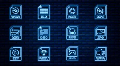 Set line WMA file document, JPG, RAW, DOC, M3U, MP3 and XLS icon. Vector 库存插图
