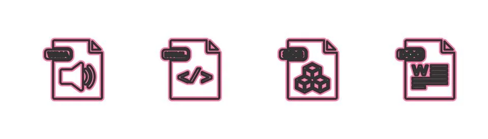 Set line WMA file document, 3DS, HTML and DOC icon. Vector Stock Illustration