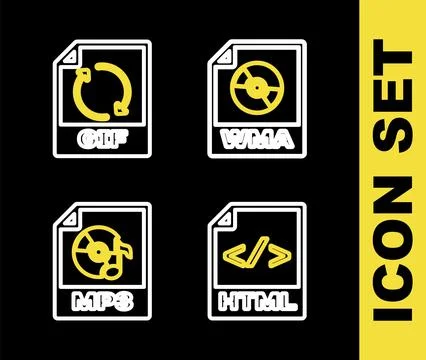 Set line WMA file document, HTML, MP3 and GIF icon. Vector 库存插图