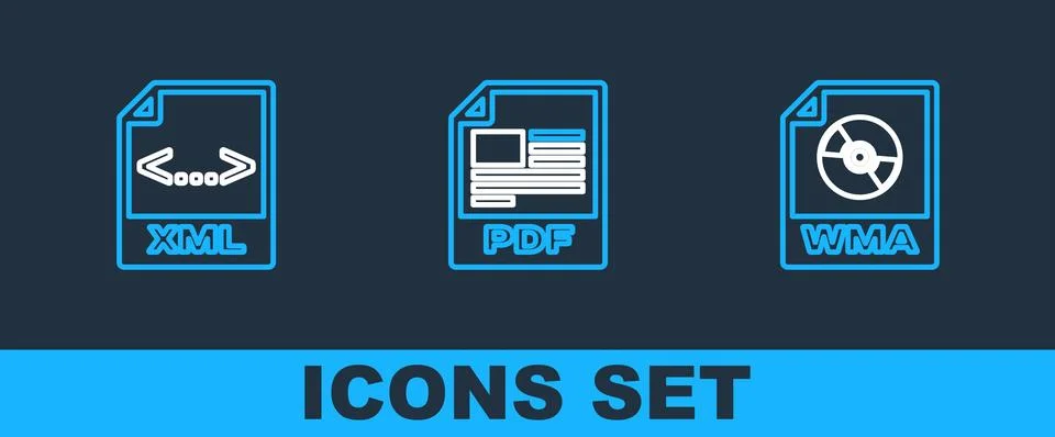 Set line WMA file document, XML and PDF icon. Vector Illustrazione stock
