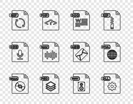Set line WMA file document, DLL, DOC, PSD, GIF, WAV,  and HTML icon. Vector 库存插图