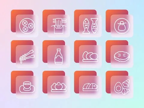 Set line Wonton, Dumpling, Chicken egg, Fish with sliced pieces, Soy sauce .. Stock Illustration