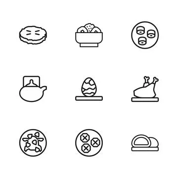 Set line Wonton, Roasted turkey or chicken, Sushi, Chinese tea egg, Homemad.. Stock Illustration