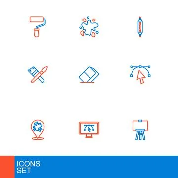 Set line Wood easel Computer with design program Paint spray Bezier curve bru Stock Illustration