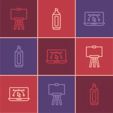 Set line Wood easel, Computer with design program and Marker pen icon. Vector Stock Illustration