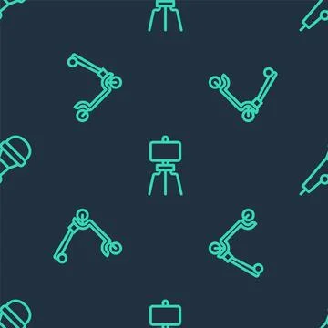 Set line Wood easel, Roller scooter and Microphone on seamless pattern. Vecto Ilustração Stock