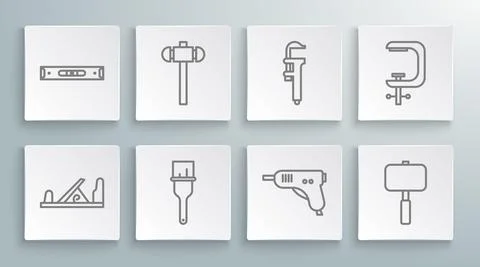 Set line Wood plane tool, Sledgehammer, Paint brush, Electric hot glue gun Stock Illustration