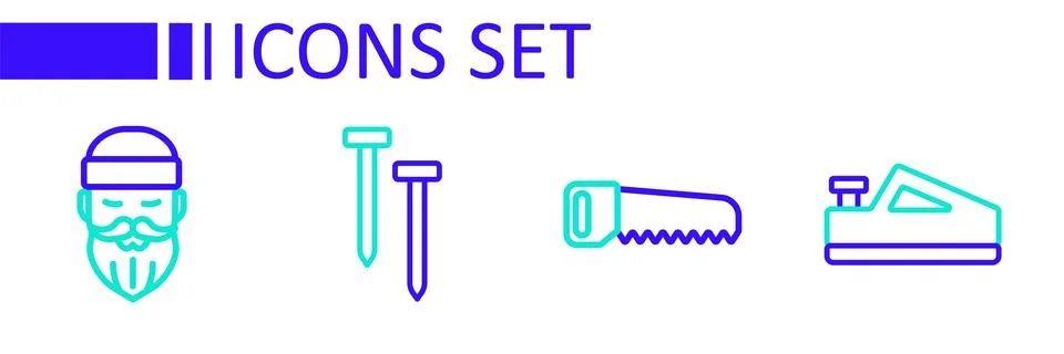 Set line Wood plane tool, Hand saw, Metallic nails and Lumberjack icon. Vecto Stock Illustration