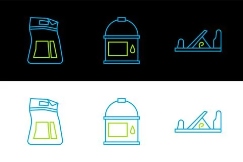 Set line Wood plane tool, Cement bag and Paint bucket icon. Vector Stock Illustration