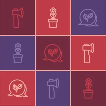 Set line Wooden axe, Leaf and Flower in pot icon. Vector Illustration