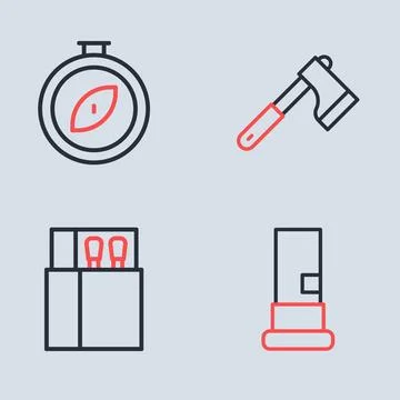 Set line Wooden axe, Open matchbox and matches, Cartridges and Compass icon.. Stock Illustration