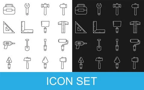 Set line Wooden axe, Paint roller brush, T-square line, Hammer, Corner rule.. Stock Illustration