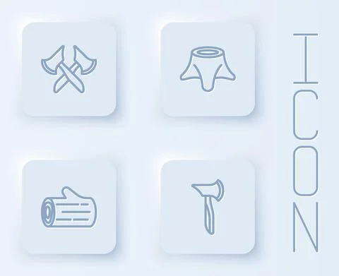 Set line Wooden axe, Tree stump, log and . White square button. Vector 库存插图