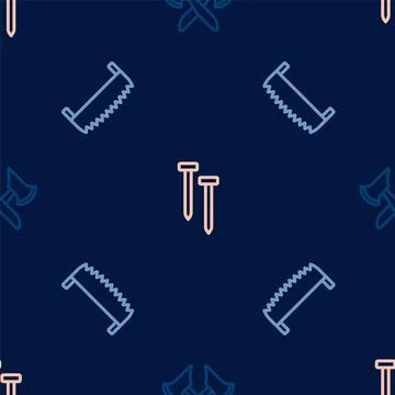 Set line Wooden axe, Two-handed saw and Metallic nails on seamless pattern Illustrazione stock