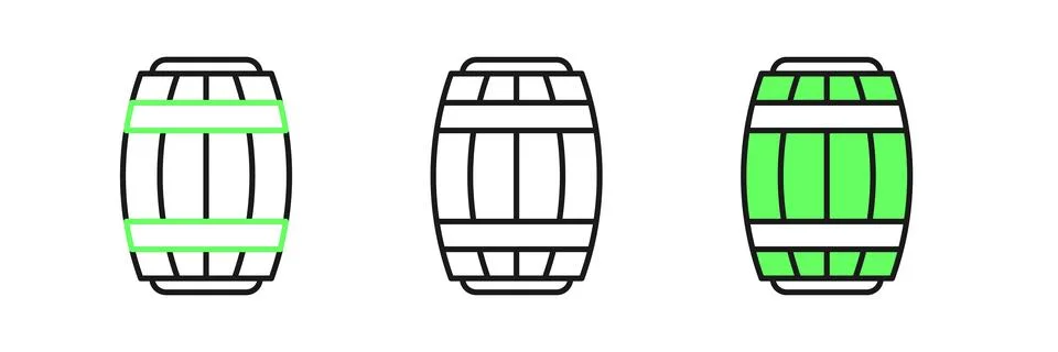 Set line Wooden barrel icon isolated on white background. Alcohol barrel, d.. 스톡 일러스트