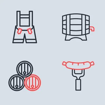 Set line Wooden barrel on rack, Sausage the fork and Lederhosen icon. Vector Stock Illustration