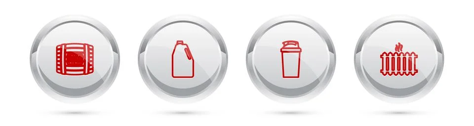 Set line Wooden barrel with rum, Household chemicals bottle, Fitness shaker and Stock Illustration