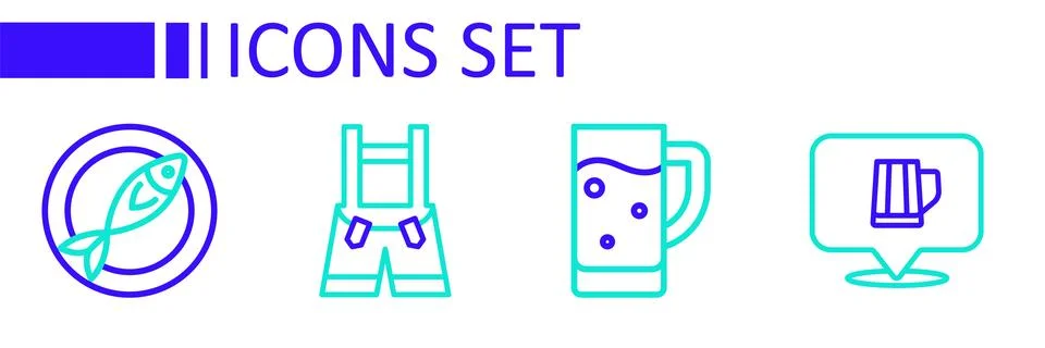 Set line Wooden beer mug, Glass of, Lederhosen and Dried fish icon. Vector Stock Illustration