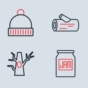 Set line Wooden log, Bare tree, Jam jar and Winter hat icon. Vector Stock Illustration